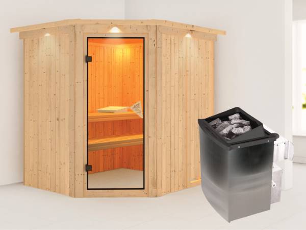 Karibu Sauna Siirin 68 mm- klassische Saunatür- 4,5 kW Ofen integr. Strg- mit Dachkranz