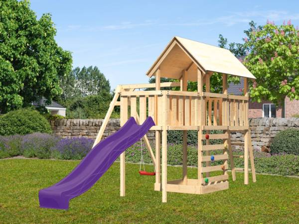 Akubi Spielturm Danny Satteldach + Rutsche violett + Einzelschaukel + Anbauplattform + Kletterwand