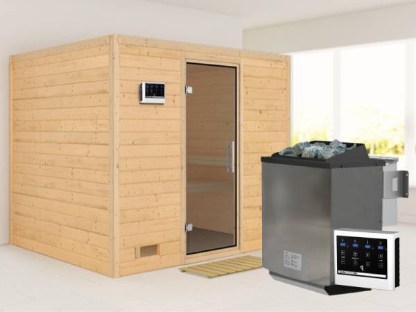 Karibu Sauna Sonara inkl. 9-kW-Bioofen mit externer Steuerung, ohne Dachkranz, mit moderner Saunatür