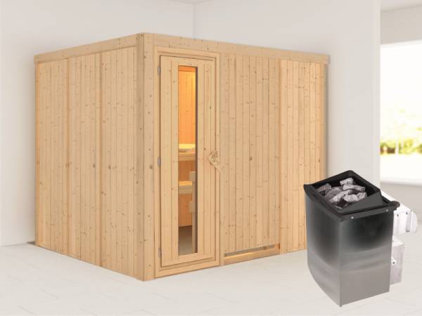 Karibu Sauna Gobin inkl. 9-kW-Ofen mit interner Steuerung, ohne Dachkranz, mit energiesparender Saunatür