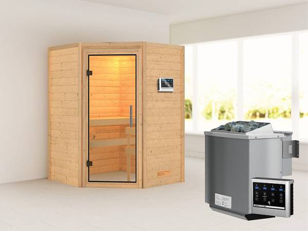 Karibu Woodfeeling Sauna Franka - Klarglas Saunatür - 4,5 kW BIO-Ofen ext. Strg. - ohne Dachkranz