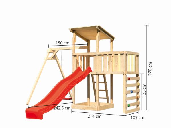 Akubi Spielturm Anna + Rutsche rot + Einzelschaukel + Anbauplattform + Kletterwand