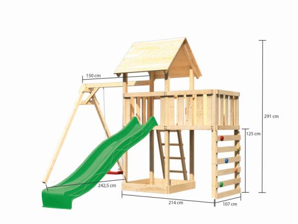 Akubi Spielturm Lotti Satteldach + Rutsche grün + Einzelschaukel + Anbauplattform + Kletterwand