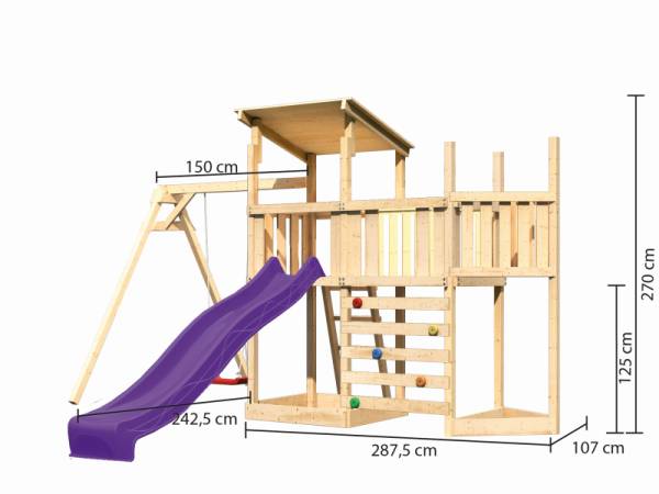 Akubi Spielturm Anna + Rutsche violett + Einzelschaukel + Anbauplattform + Kletterwand + Schiffsanbau oben