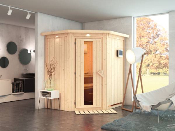Karibu Sauna Taurin inkl. 9 kW Bioofen externe Steuerung, mit Energiespartür - mit Dachkranz -