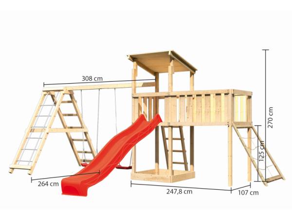 Akubi Spielturm Anna + Rutsche rot + Doppelschaukelanbau Klettergerüst + Anbauplattform XL + Netzrampe