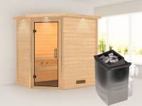Karibu Sauna Svea inkl. 9 kW Ofen integr. Steuerung mit Klarglas Saunatür -mit Dachkranz-