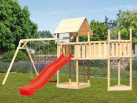 Akubi Spielturm Lotti Satteldach + Schiffsanbau oben + Doppelschaukel + Anbauplattform XL + Rutsche in rot