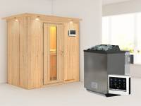 Karibu Sauna Variado- energiesparende Saunatür- 4,5 kW Bioofen ext. Strg- mit Dachkranz