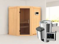 Tonja - Karibu Sauna Plug & Play 3,6 kW Ofen, ext. Steuerung - ohne Dachkranz - Moderne Saunatür