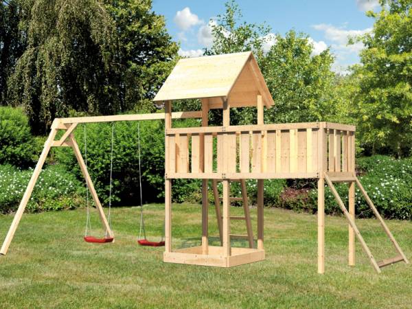 Akubi Spielturm Lotti Satteldach + Doppelschaukel + Anbauplattform XL + Netzrampe Akubi Spielturm Lotti Satteldach + Doppelschaukel + Anbauplattform XL + Netzrampe