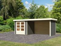 Karibu Woodfeeling Gartenhaus Askola 2 terragrau mit Anbaudach 2,80 Meter, Seiten- und Rückwand