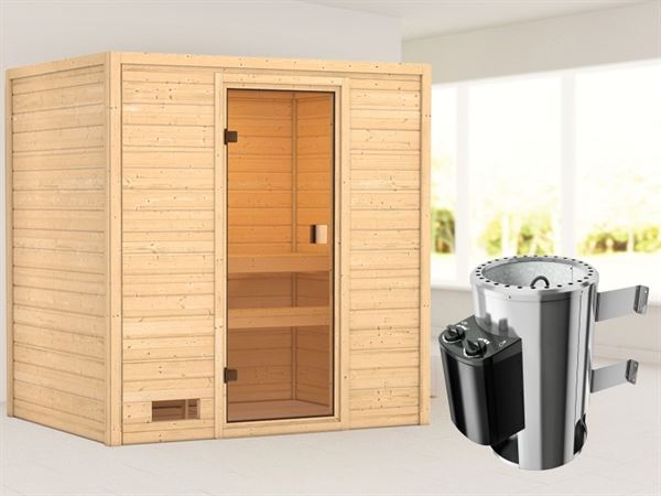Karibu Sauna Selena mit 3,6 kW Ofen integr. Strg 38 mm Karibu Sauna Selena mit 3,6 kW Ofen integr. Strg 38 mm