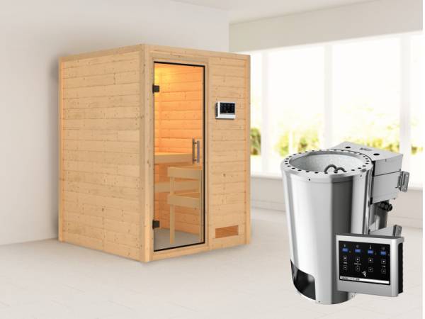 Nadja - Karibu Sauna Plug &amp; Play 3,6 kW Bio Ofen, ext. Steuerung - ohne Dachkranz - Klarglas Ganzglastür