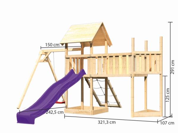 Akubi Spielturm Lotti Satteldach + Schiffsanbau oben + Einzelschaukel + Anbauplattform XL + Netzrampe + Rutsche in violett