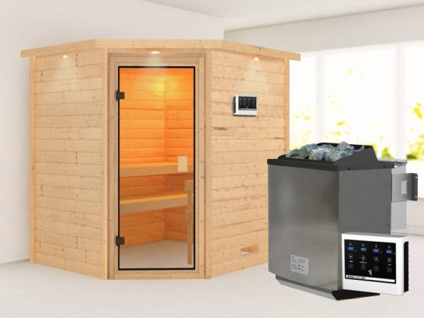 Karibu Sauna Elea inkl. 9 kW Bioofen ext. Steuerung mit klassischer Saunatür -mit Dachkranz-