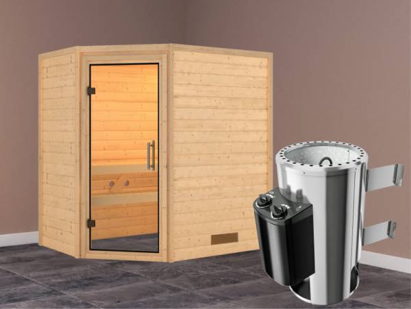 Cilja - Karibu Sauna Plug &amp; Play 3,6 kW Ofen, int. Steuerung - ohne Dachkranz - Klarglas Ganzglastür