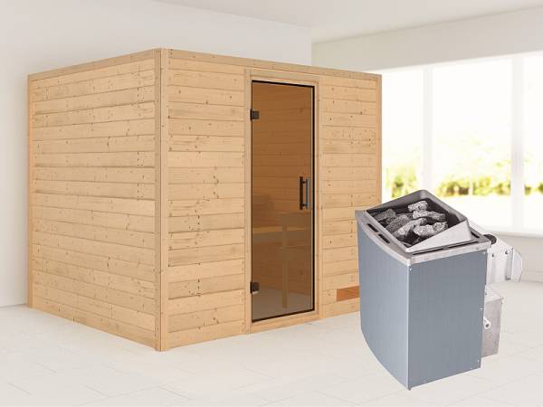 Karibu Sauna Karla 38 mm ohne Dachkranz- 9 kW Ofen integr. Strg- moderne Tür