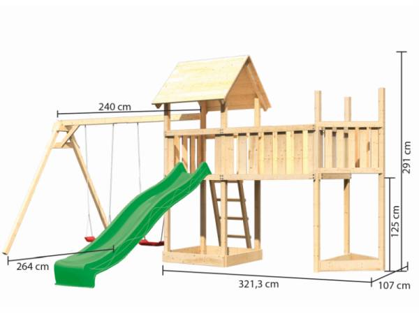 Akubi Spielturm Lotti Satteldach + Schiffsanbau oben + Doppelschaukel + Anbauplattform XL + Rutsche in grün
