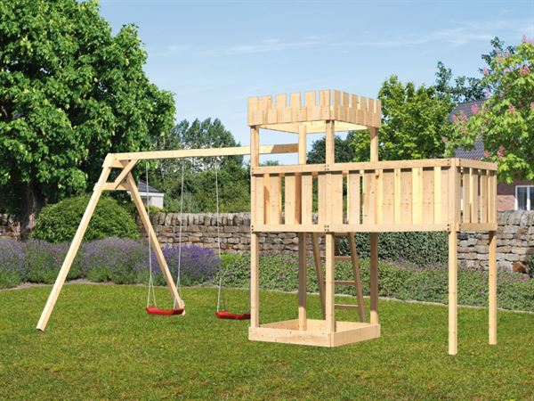 Akubi Ritterburg Löwenherz + Doppelschaukel + Anbauplattform XL