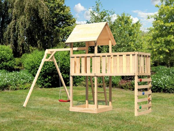 Akubi Spielturm Lotti Satteldach + Einzelschaukel + Anbauplattform XL + Kletterwand Akubi Spielturm Lotti Satteldach + Einzelschaukel + Anbauplattform XL + Kletterwand