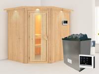 Karibu Sauna Siirin inkl. 9 kW Ofen ext. Steuerung mit energiesparender Saunatür - mit Dachkranz -