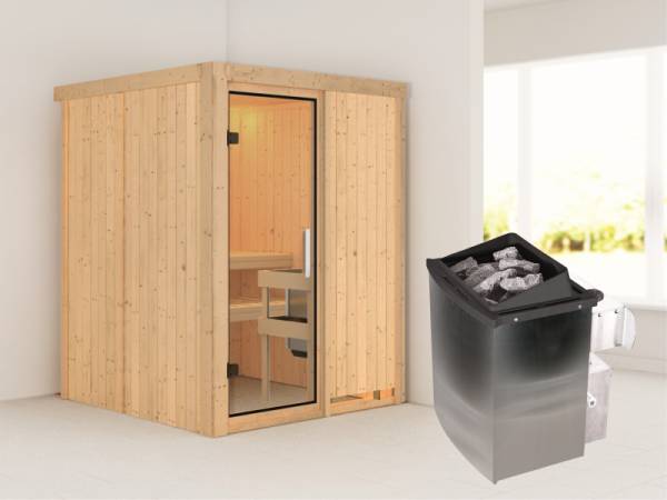 Karibu Sauna Norin- Klarglas Saunatür- 4,5 kW Ofen integr. Strg- ohne Dachkranz