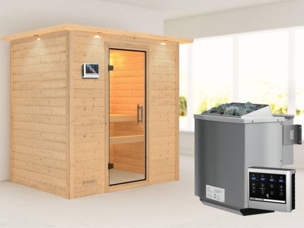 Karibu Sauna Sonja - Klarglas Saunatür - 4,5 kW BIO-Ofen ext. Strg. - mit Dachkranz