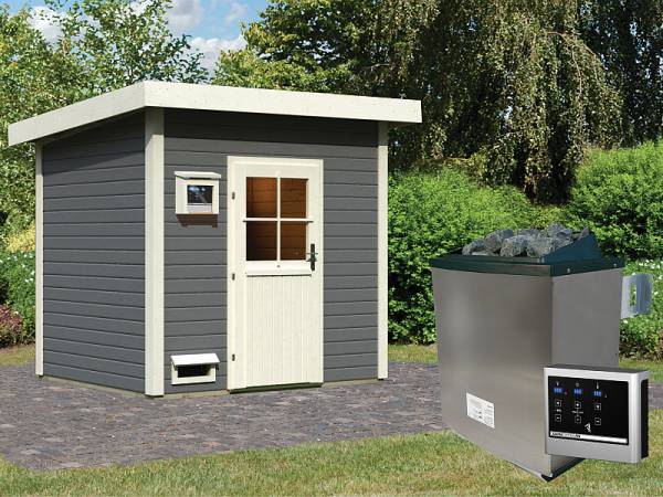 Karibu Saunahaus Nella 38 mm mit 9 kW Ofen Ext. Strg terragrau Karibu Saunahaus Nella 38 mm mit 9 kW Ofen Ext. Strg terragrau