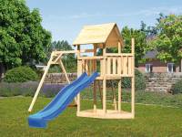 Akubi Spielturm Lotti Satteldach + Schiffsanbau oben + Einzelschaukel + Rutsche in blau