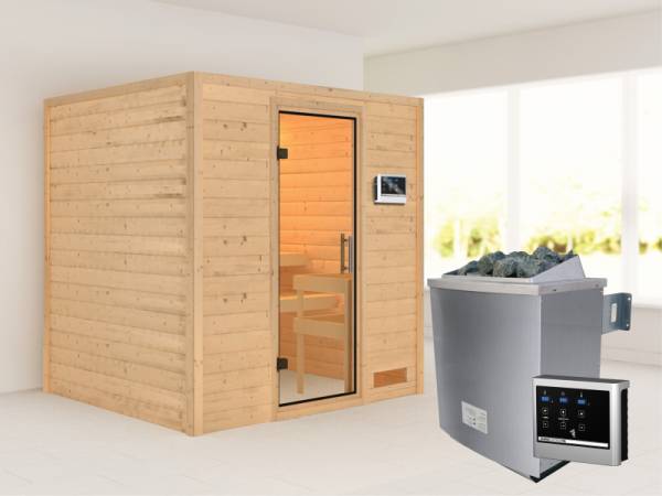 Karibu Woodfeeling Sauna Anja - Klarglas Saunatür - 4,5 kW Ofen ext. Strg. - ohne Dachkranz
