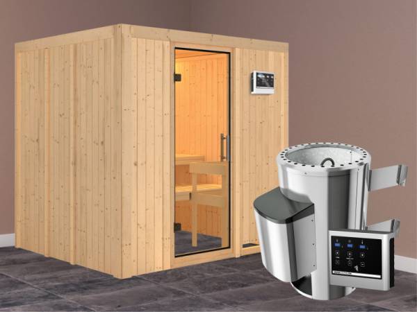 Daria - Karibu Sauna Plug &amp; Play 3,6 kW Ofen, ext. Steuerung - ohne Dachkranz - Klarglas Ganzglastür
