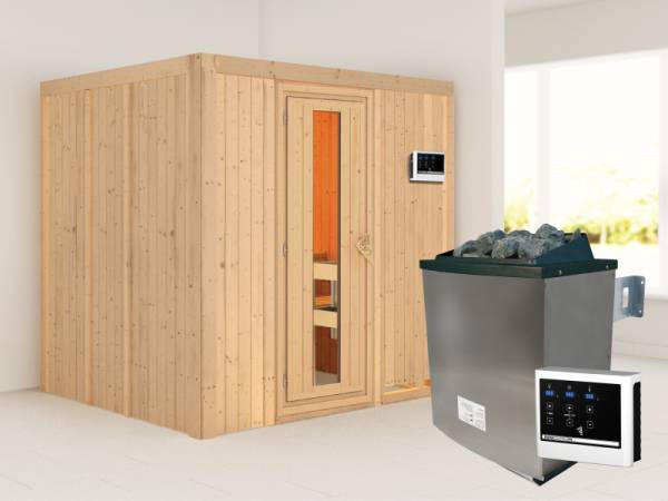 Karibu Sauna Sodin 68 mm- energiesparende Saunatür- 4,5 kW Ofen ext. Strg- ohne Dachkranz