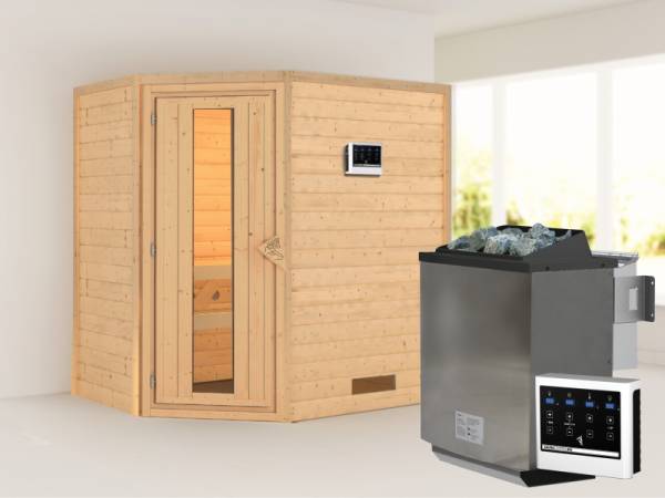 Karibu Sauna Svea inkl. 9 kW Bioofen ext. Steuerung mit energiesparender Tür -ohne Dachkranz-