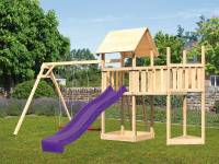 Akubi Spielturm Lotti Satteldach + Schiffsanbau oben + Anbauplattform + Doppelschaukel + Rutsche in violett