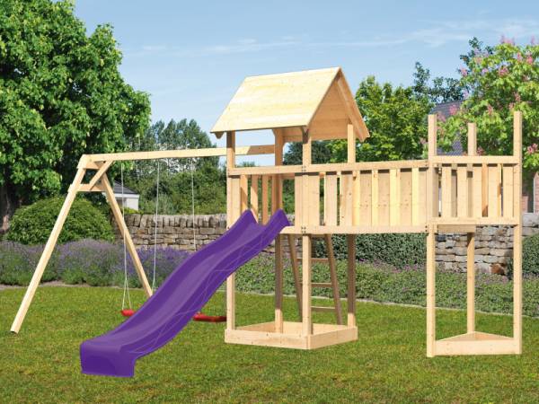 Akubi Spielturm Lotti Satteldach + Schiffsanbau oben + Doppelschaukel + Anbauplattform XL + Rutsche in violett