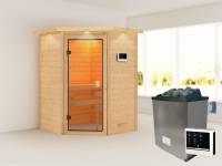Karibu Sauna Antonia inkl. 9 kW Ofen ext. Steuerung mit klassischer Saunatür -mit Dachkranz-