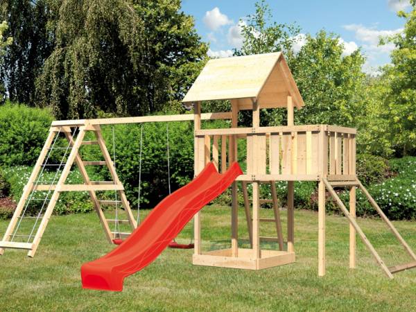 Akubi Spielturm Lotti Satteldach + Rutsche rot + Doppelschaukelanbau Klettergerüst + Anbauplattform + Netzrampe Akubi Spielturm Lotti Satteldach + Rutsche rot + Doppelschaukelanbau Klettergerüst + Anbauplattform + Netzrampe