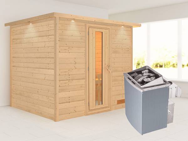 Karibu Sauna Karla 38 mm mit Dachkranz- 9 kW Ofen integr. Strg- energiesparende Tür