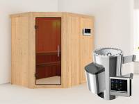 Saja - Karibu Sauna Plug & Play 3,6 kW Ofen, ext. Steuerung - ohne Dachkranz - Moderne Saunatür