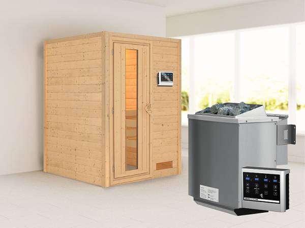 Karibu Woodfeeling Sauna Svenja- energiesparende Saunatür- 4,5 kW Bioofen ext. Strg- ohne Dachkranz