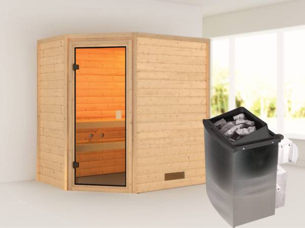 Karibu Sauna Jella inkl. 9 kW Ofen integr. Steuerung mit klassischer Saunatür -ohne Dachkranz-