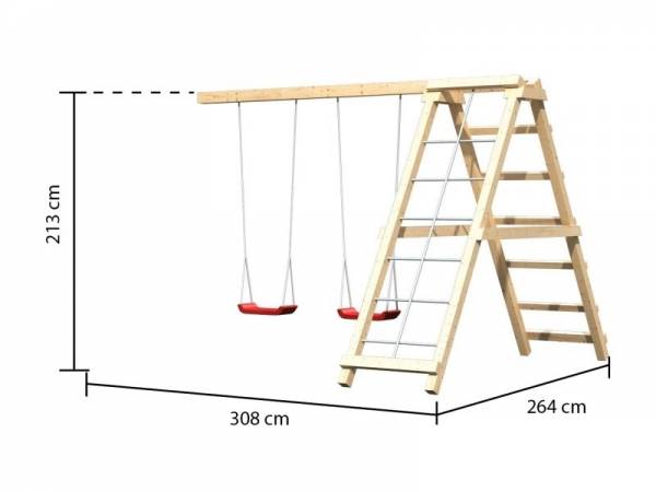 Akubi Spielturm Lotti- Doppelschaukel mit Klettergerüst, Netzrampe und Rutsche in rot