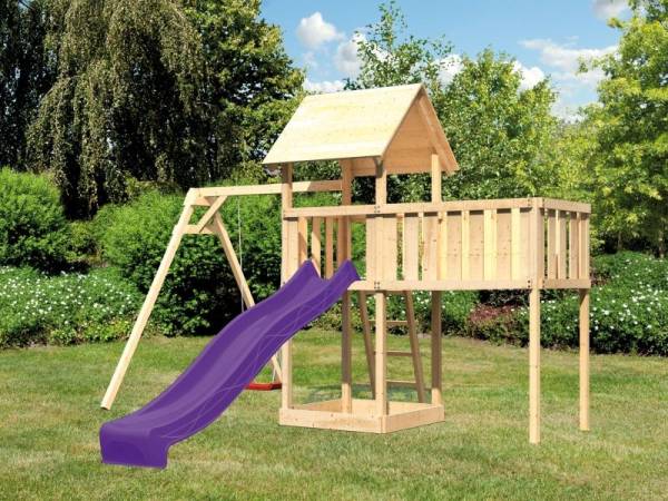 Akubi Spielturm Lotti natur mit Anbauplattform XL, Einzelschaukel und Rutsche violett