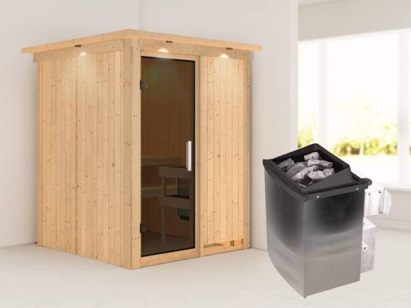 Karibu Sauna Norin- moderne Saunatür- 4,5 kW Ofen integr. Strg- mit Dachkranz