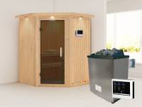 Karibu Sauna Larin- moderne Saunatür- 4,5 kW Ofen ext. Strg- mit Dachkranz