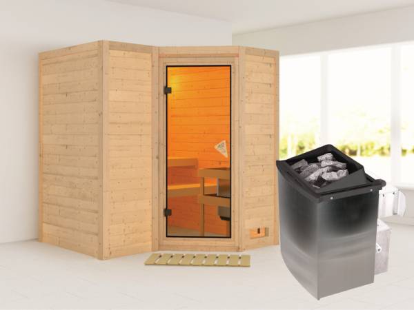 Karibu Sauna Sahib 1 inkl. 9 kW Ofen integr. Steuerung, mit klassischer Saunatür -ohne Dachkranz-