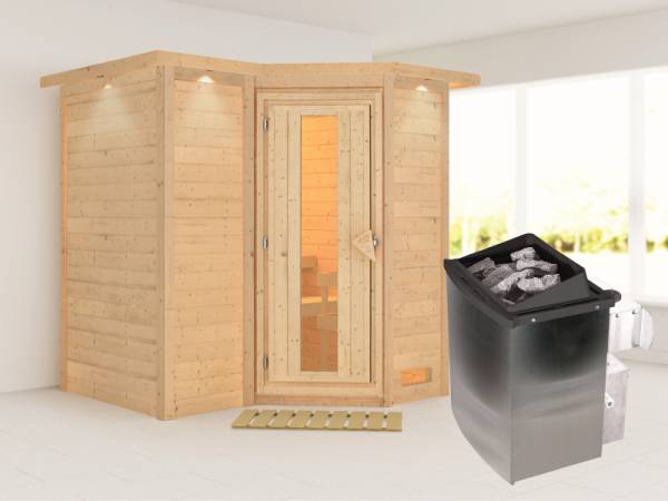 Karibu Sauna Sahib 1 inkl. 9 kW Ofen integr. Steuerung, mit energiesparender Saunatür -mit Dachkranz-