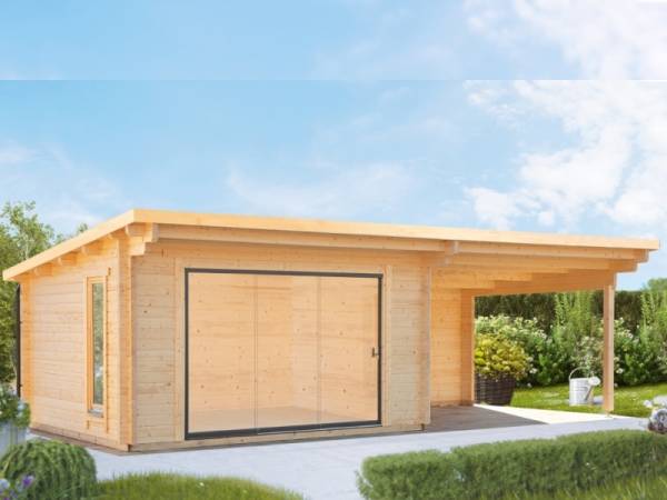 Wolff Gartenhaus Trondheim 70-D XL mit Schiebetür links und Lounge rechts