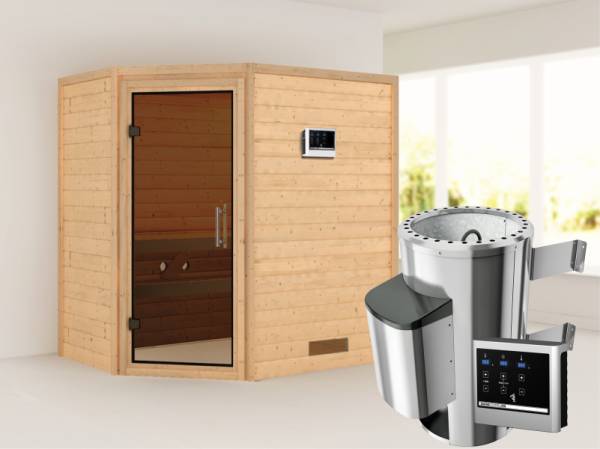 Cilja - Karibu Sauna Plug & Play 3,6 kW Ofen, ext. Steuerung - ohne Dachkranz - Moderne Saunatür